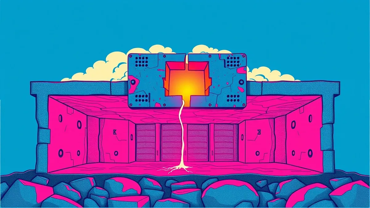 Illustration: A split architectural cross-section shows a fortified underground data vault supporting floating cloud layers.