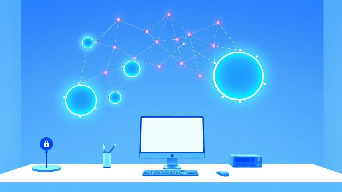 Illustration: A glowing blue network mesh floats above a blank white desk, forming distinct isolated bubbles connected by thin luminous lines.