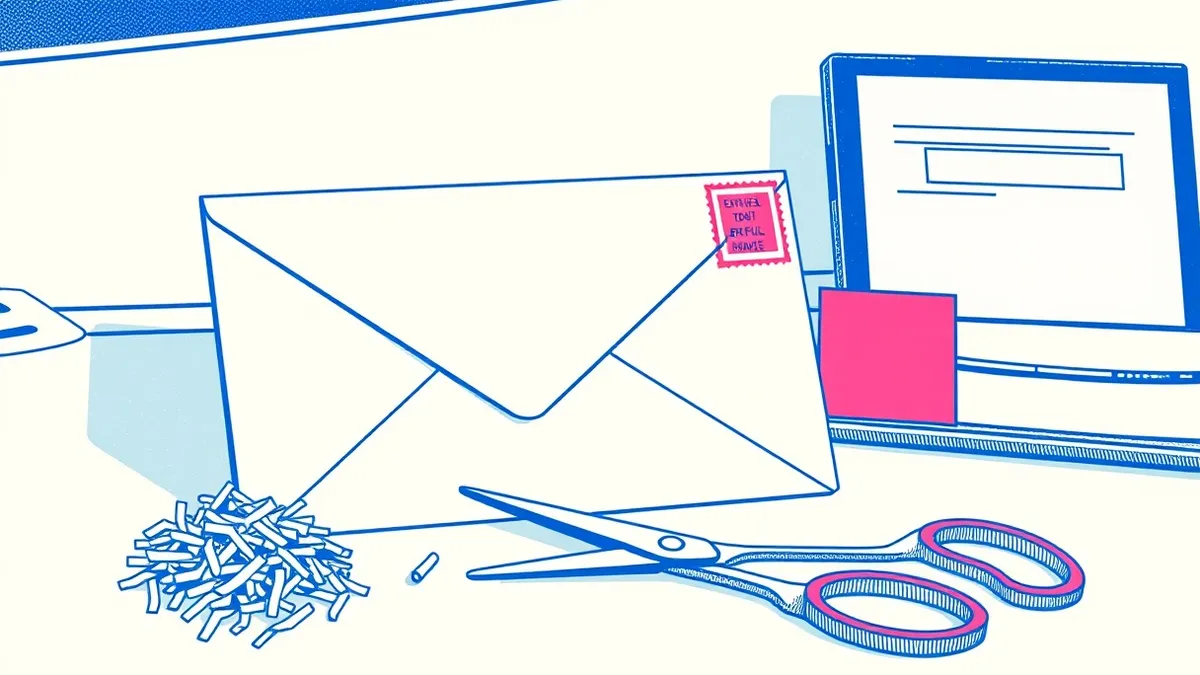 Illustration: A blank official envelope sits on a clean desk next to a red stamp and a small pile of shredded paper.