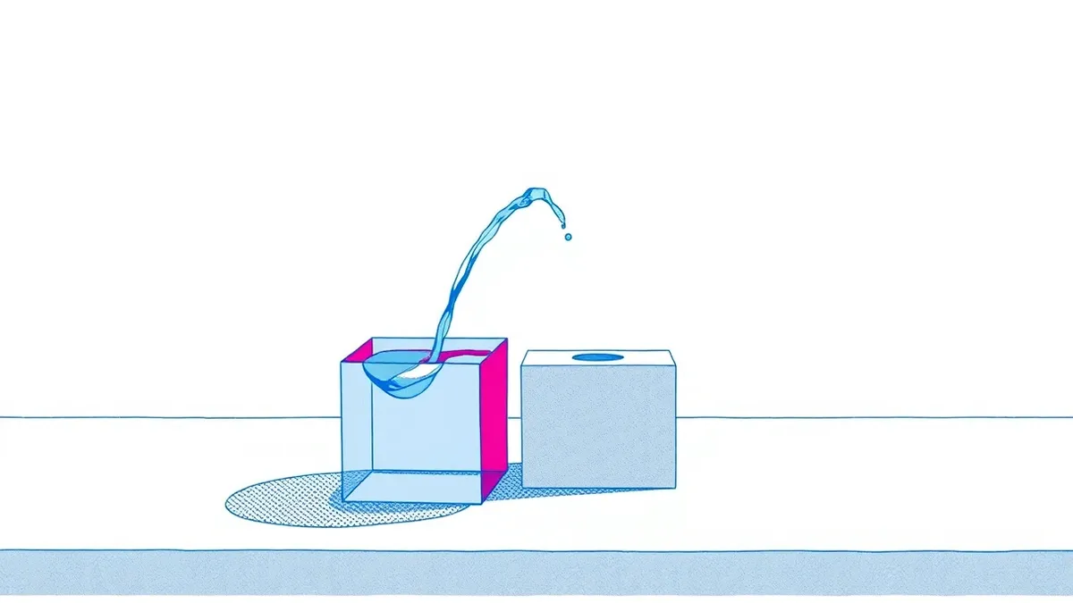 Illustration: A translucent glass cube sits beside a square metal block on a gray table.