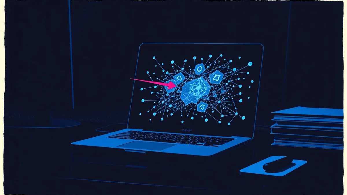 Illustration: A sleek black laptop sits on a dark desk, its screen displaying an abstract network of glowing blue nodes and connecting lines.
