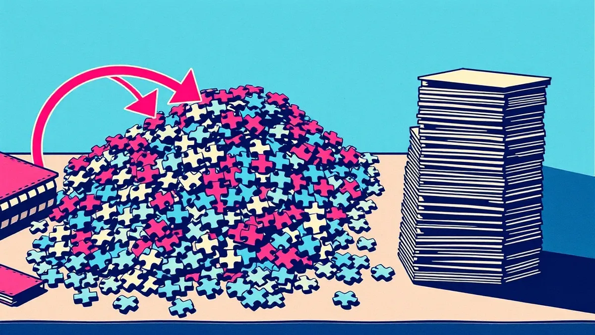 Illustration: A large pile of scattered puzzle pieces sits on a desk, waiting to be sorted into neat stacks.
