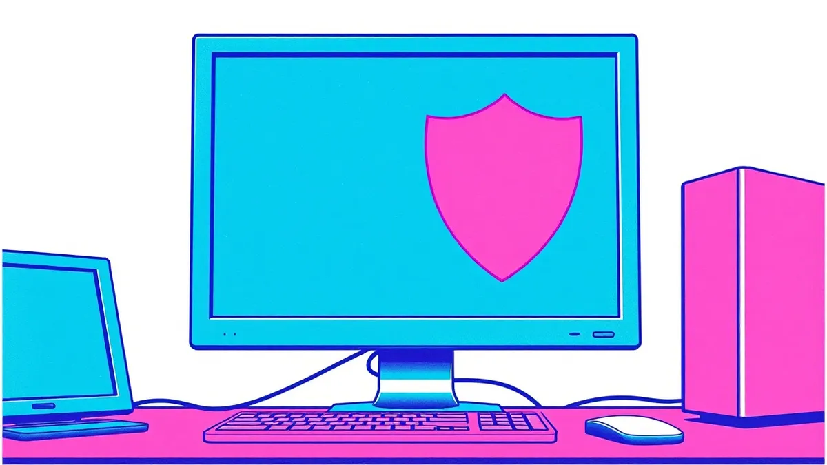 Illustration: A translucent, jagged red shield clings tightly to a pristine blue computer monitor, blending seamlessly with the screen's abstract interface.