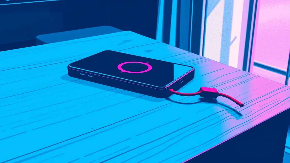 Illustration: A sleek black smartphone rests on a wooden desk, its screen glowing with a single spinning loading circle.