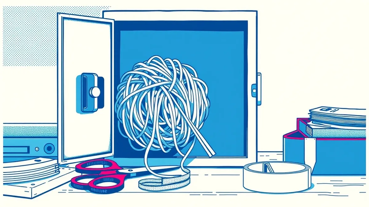 Illustration: A tangled ball of gray yarn sits on a desk, slowly unraveling through a narrow slot in a metal lockbox.