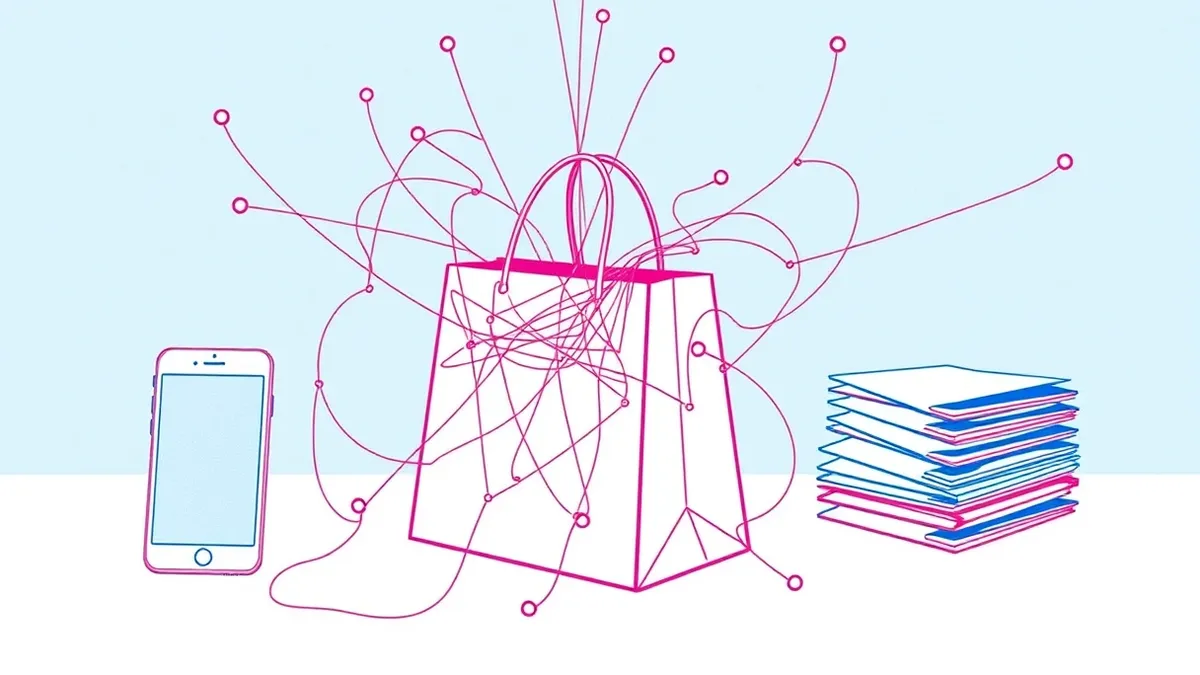 Illustration: A tangled web of thin threads connects a smartphone, a shopping bag, and a stack of envelopes.