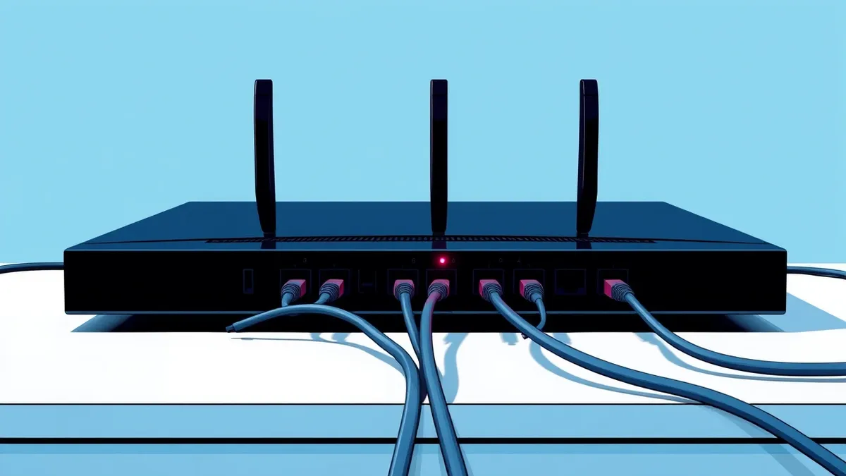 Illustration: A solitary, sleek black router sits on a sterile white desk, its status lights blinking red in rhythmic failure.