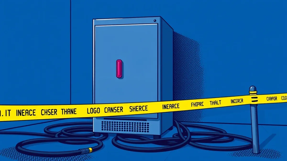 Illustration: A gray metal server cabinet sits in a dim room with its front panel illuminated by a single red warning light.