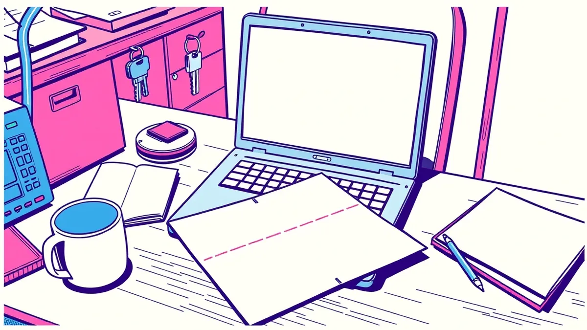 Illustration: An open laptop sits on a cluttered office desk next to a half-empty coffee mug and a set of keys hanging from a hook on the chair back.