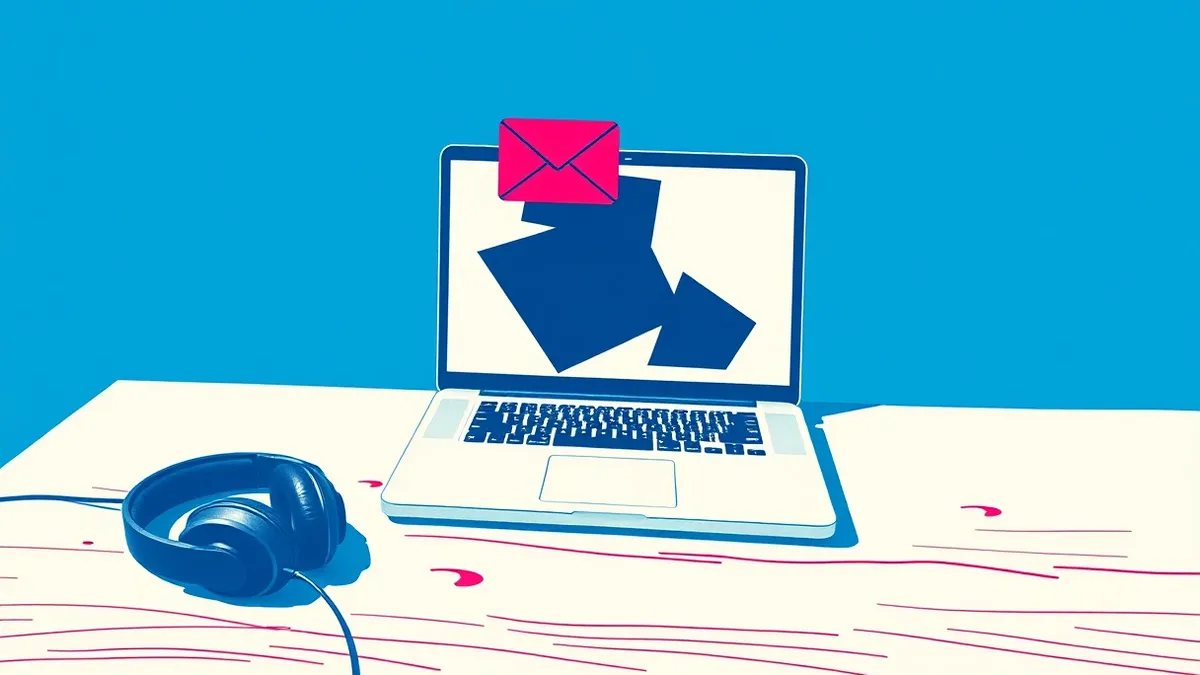 Illustration: A silver laptop sits open on a wooden desk beside a pair of black headphones.