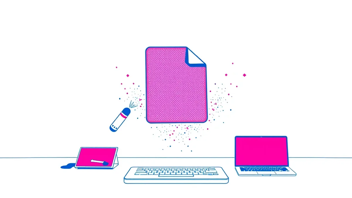 Illustration: A digital file icon floats in mid-air with a small eraser hovering beside it, actively wiping away faint ghostly shapes that represent hidden data trails.