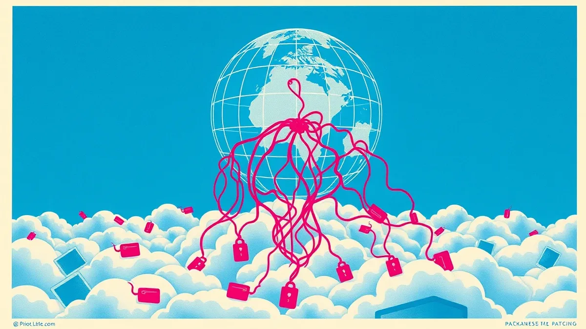 Illustration: A translucent wireframe globe floats above a flat cloud landscape, revealing tangled red threads connecting to scattered storage boxes and floating key icons.