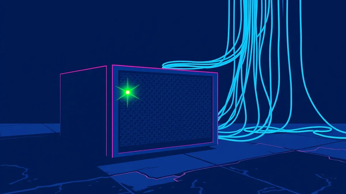 Illustration: A sleek black server blade sits isolated on a concrete floor, its single green indicator light pulsing steadily.