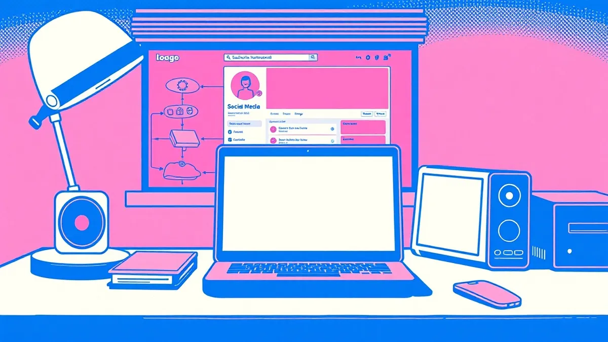 Illustration: A small office desk holds an open laptop displaying a blank social media profile page, with exposed internal network diagrams and software version details clearly vis