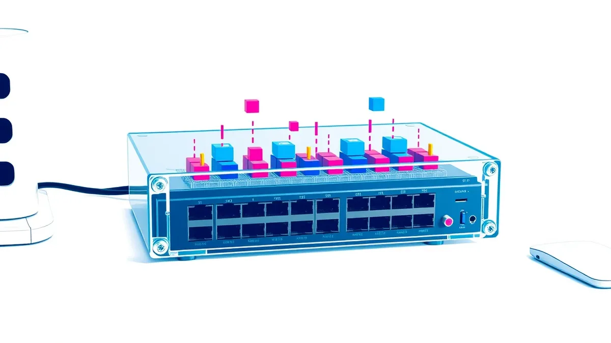 Illustration: A transparent glass network switch sits on a clean white desk.