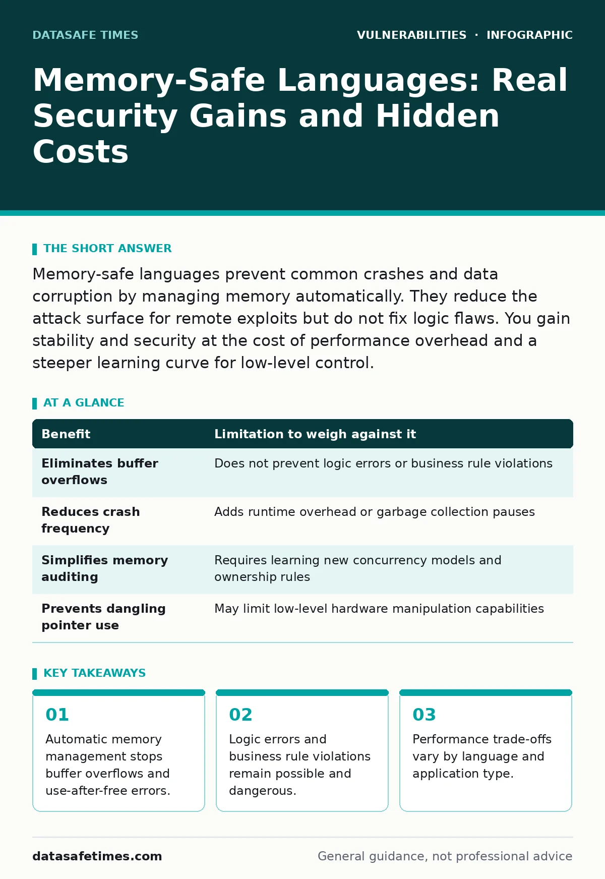 Infographic: Memory-Safe Languages: Real Security Gains and Hidden Costs. Automatic memory management stops buffer overflows and use-after-free errors. Logic errors and business rule violations remain possible and dangerous. Performance trade-offs vary by language and application type.