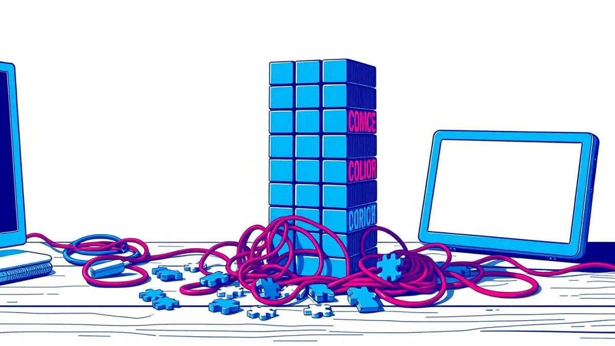 Illustration: A pristine blue building block tower stands on a wooden desk, representing stable code, while scattered tangled red wires and loose puzzle pieces surround the base, s