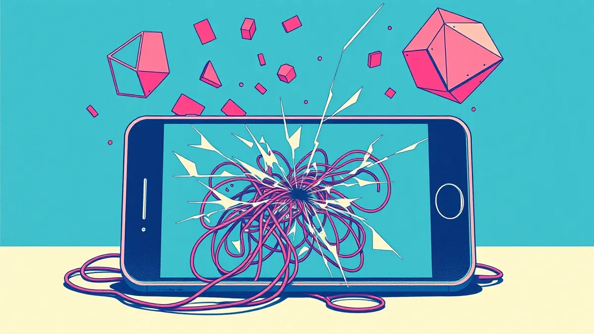 Illustration: A cracked smartphone screen displays a chaotic tangle of tangled wires and shattered glass.