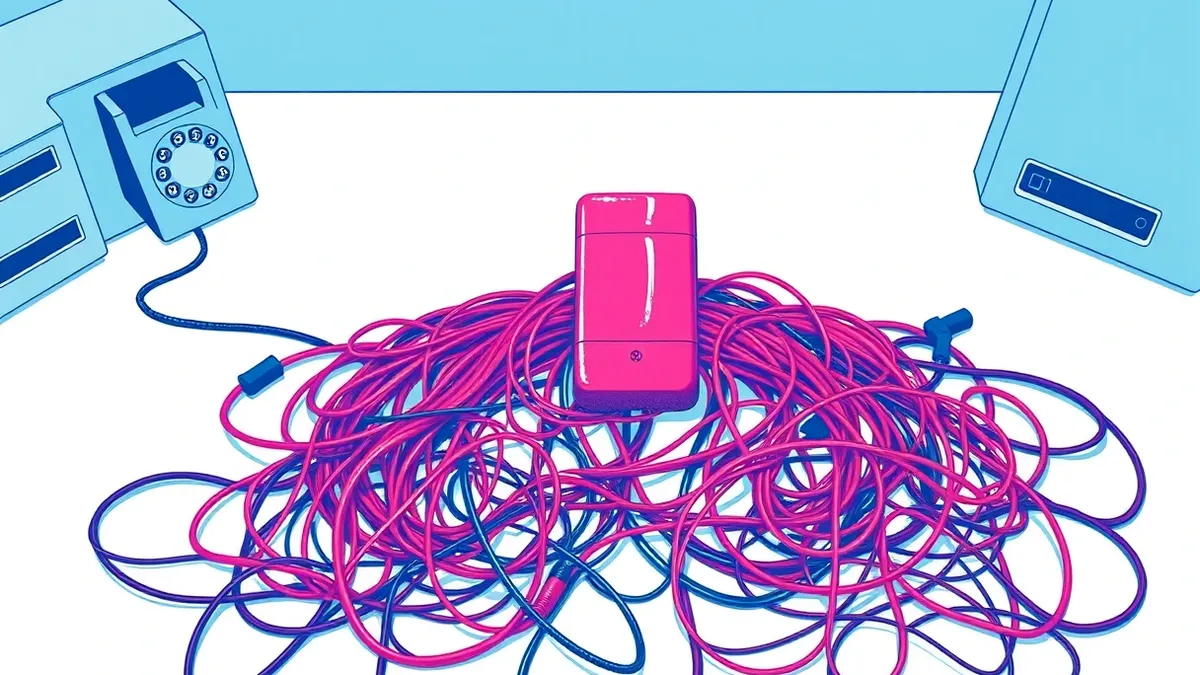 Illustration: A tangled mass of old copper telephone wires and black handset cords lies in a heap on a sterile white desk.