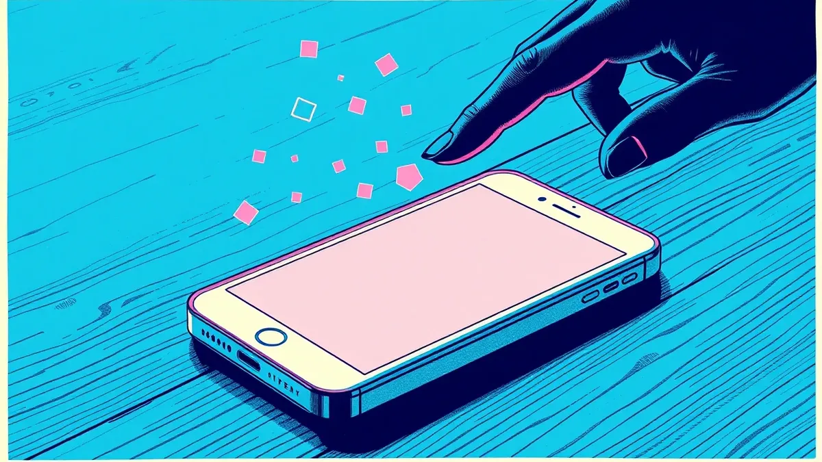 Illustration: A white smartphone rests on a wooden table, surrounded by faint, glowing geometric shapes representing invisible ambient signals.