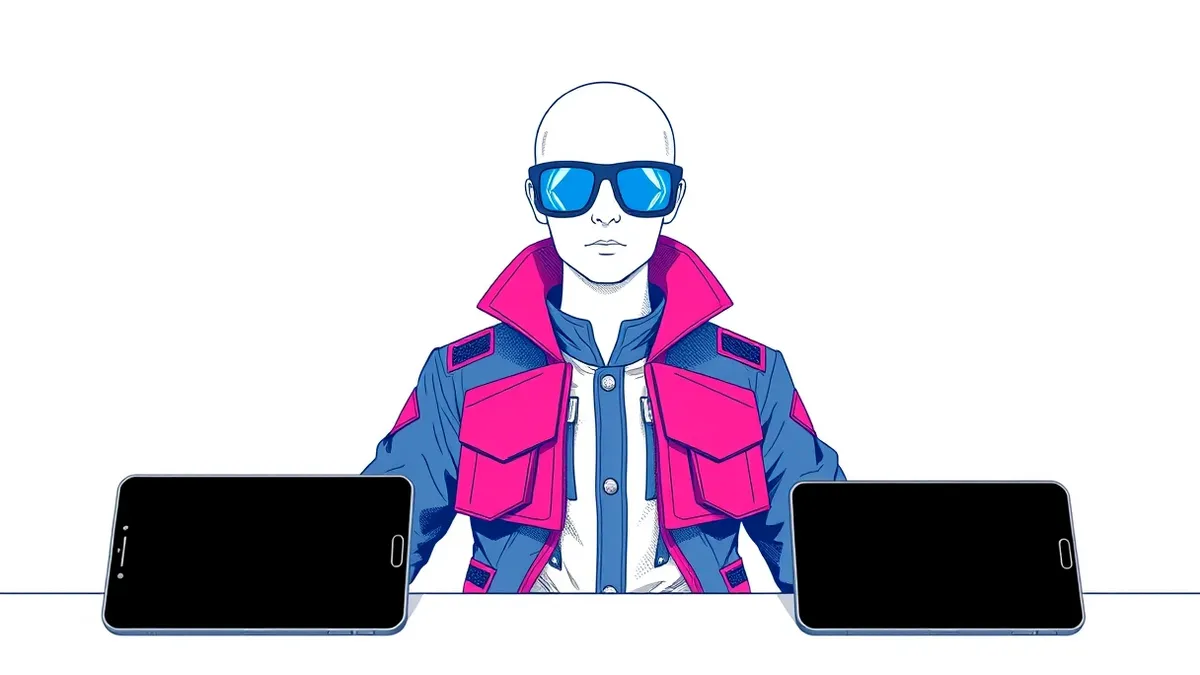 Illustration: A white mannequin head wears a structured jacket with raised geometric panels and thick glasses.