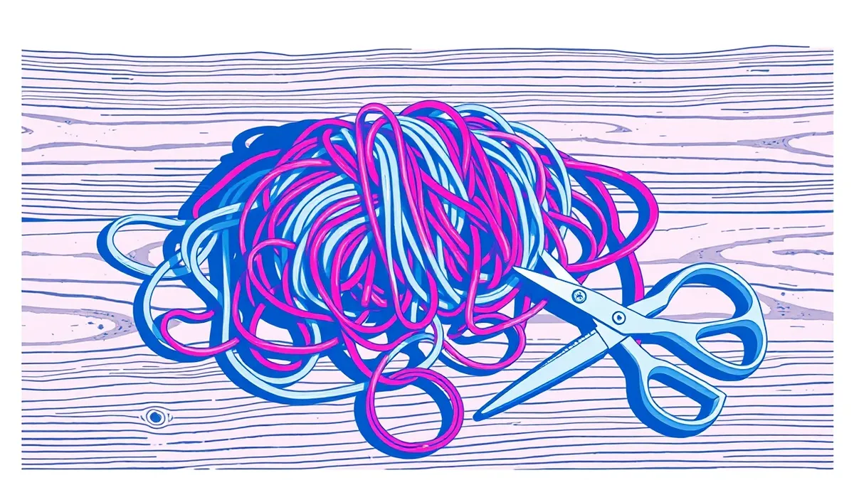 Illustration: A tangled knot of colorful yarn strands sits on a clean wooden table, waiting to be untangled.