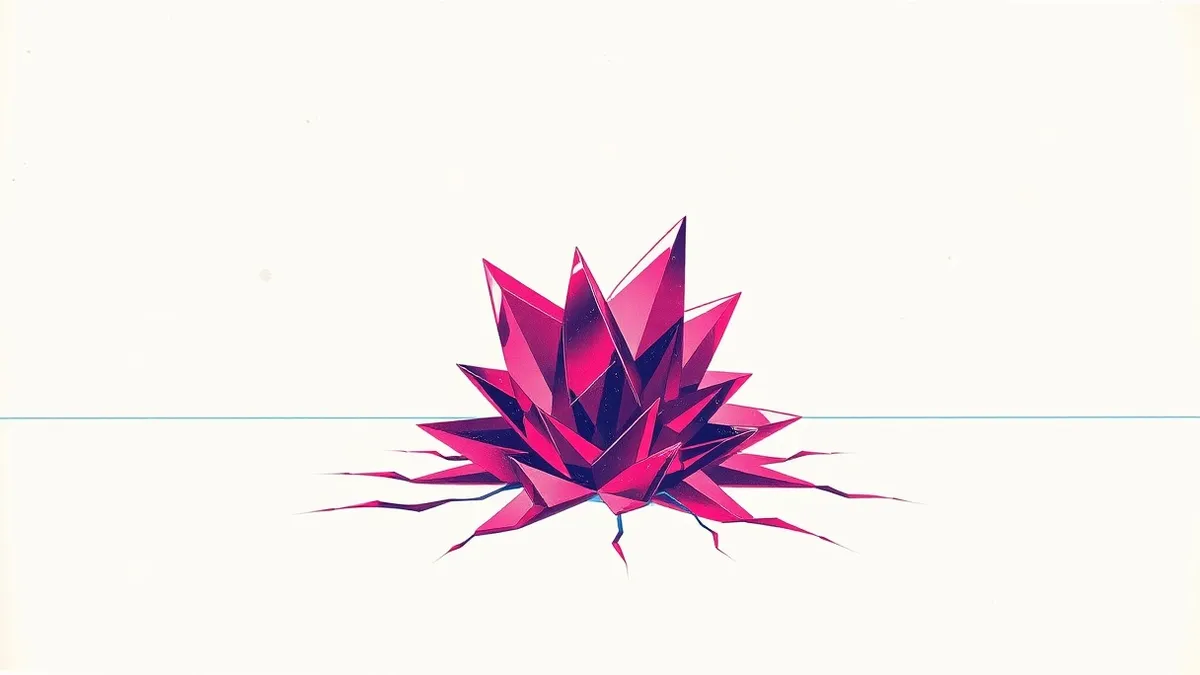Illustration: A translucent, jagged crystal of dark red glass grows from the center of a clean white desktop surface, its sharp edges spreading outward like cracks.