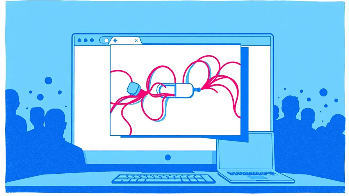 Illustration: A transparent digital window hovers over a blank browser interface, showing tangled red wires bypassing a simple toggle switch.