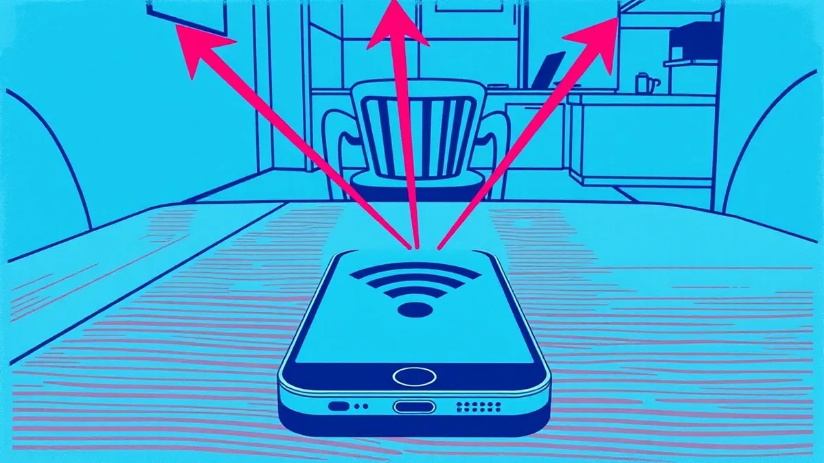 Illustration: A smartphone rests on a cafe table, its screen displaying a generic wifi icon connected to a dashed line.