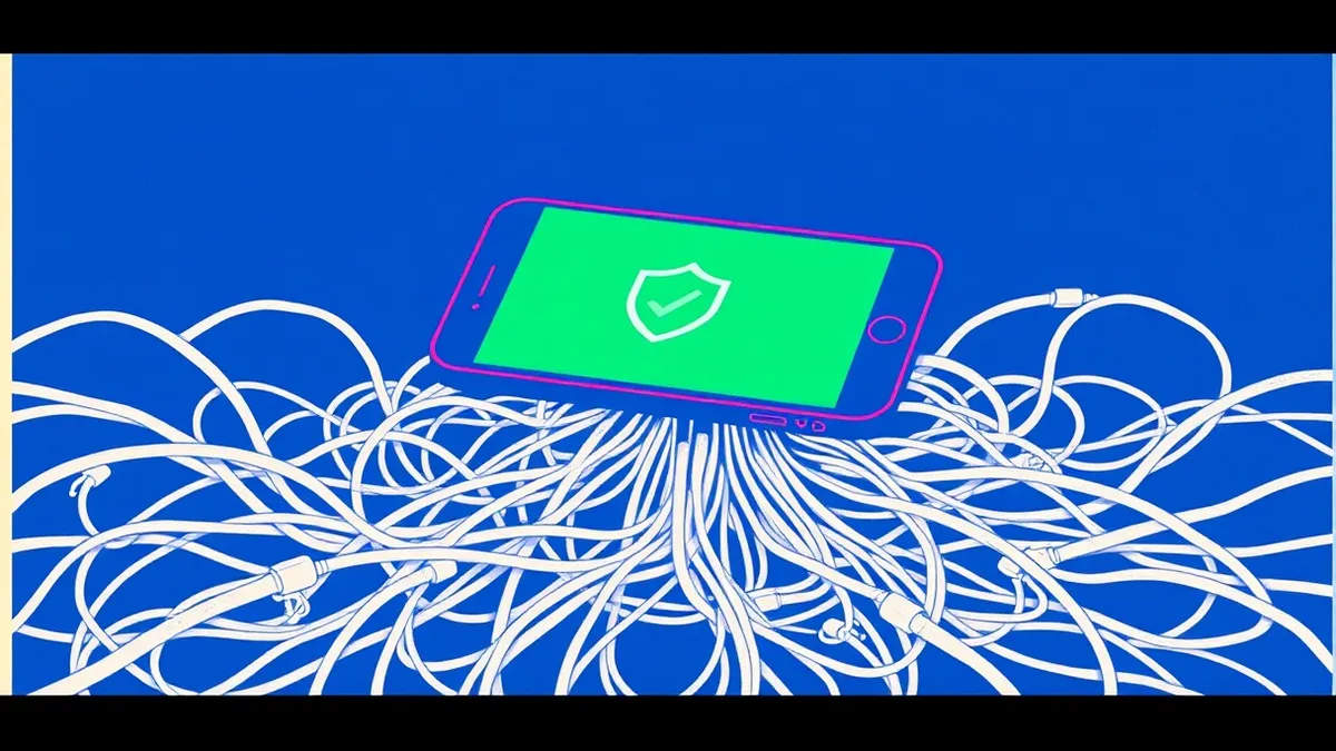 Illustration: A sleek smartphone floats above a tangled web of gray network cables, its screen displaying a simple green checkmark inside a shield icon.