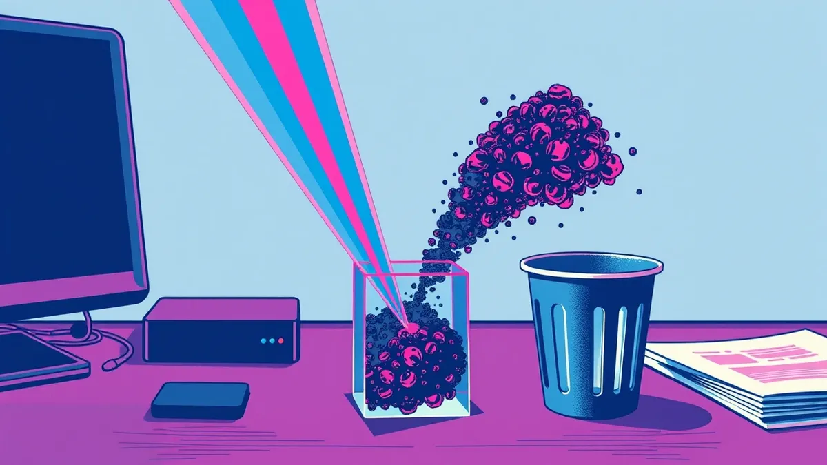 Illustration: A transparent glass prism sits on a desk, splitting a beam of colorful light into separate clear rays while deflecting a cloud of dark, sticky particles into a small 