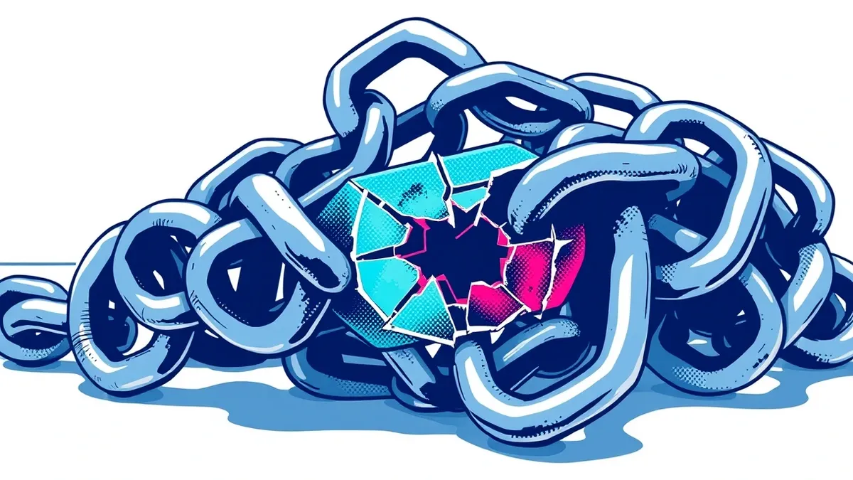 Illustration: A tangled knot of gray industrial chains sits on a sterile white workbench.