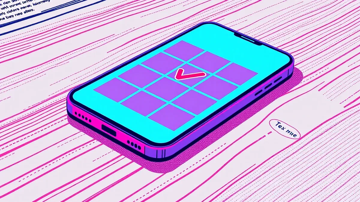 Illustration: A sleek smartphone rests on a wooden table, its screen displaying a blank grid of nine square images.