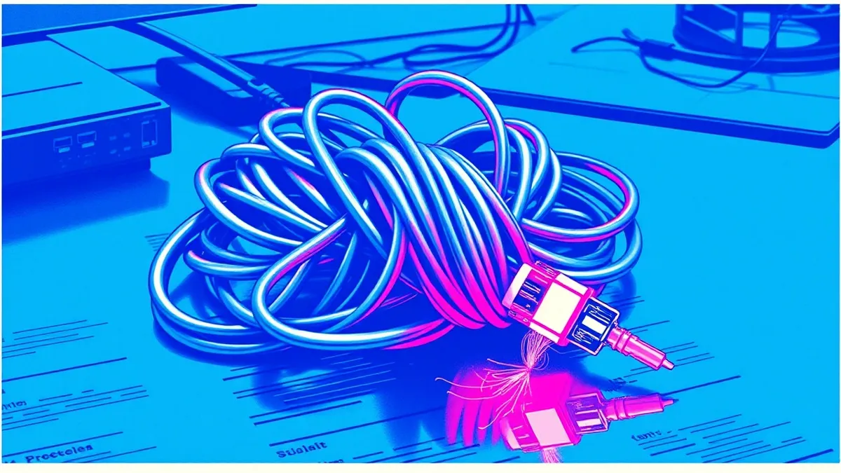 Illustration: A tangled knot of fiber optic cables lies on a metal desk.