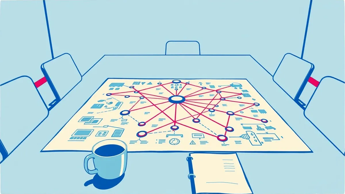 Illustration: An empty conference table holds a large paper map of a network diagram with red string tracing attack paths across it.