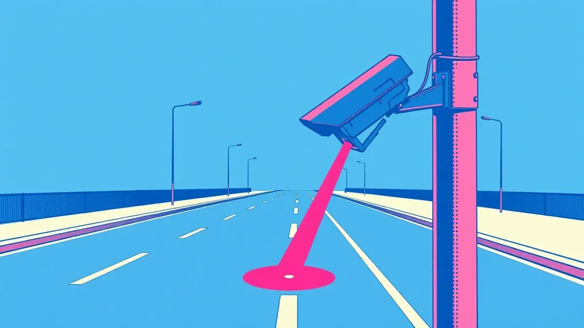 Illustration: A sleek black traffic camera mounted on a metal pole points down at an empty asphalt road.
