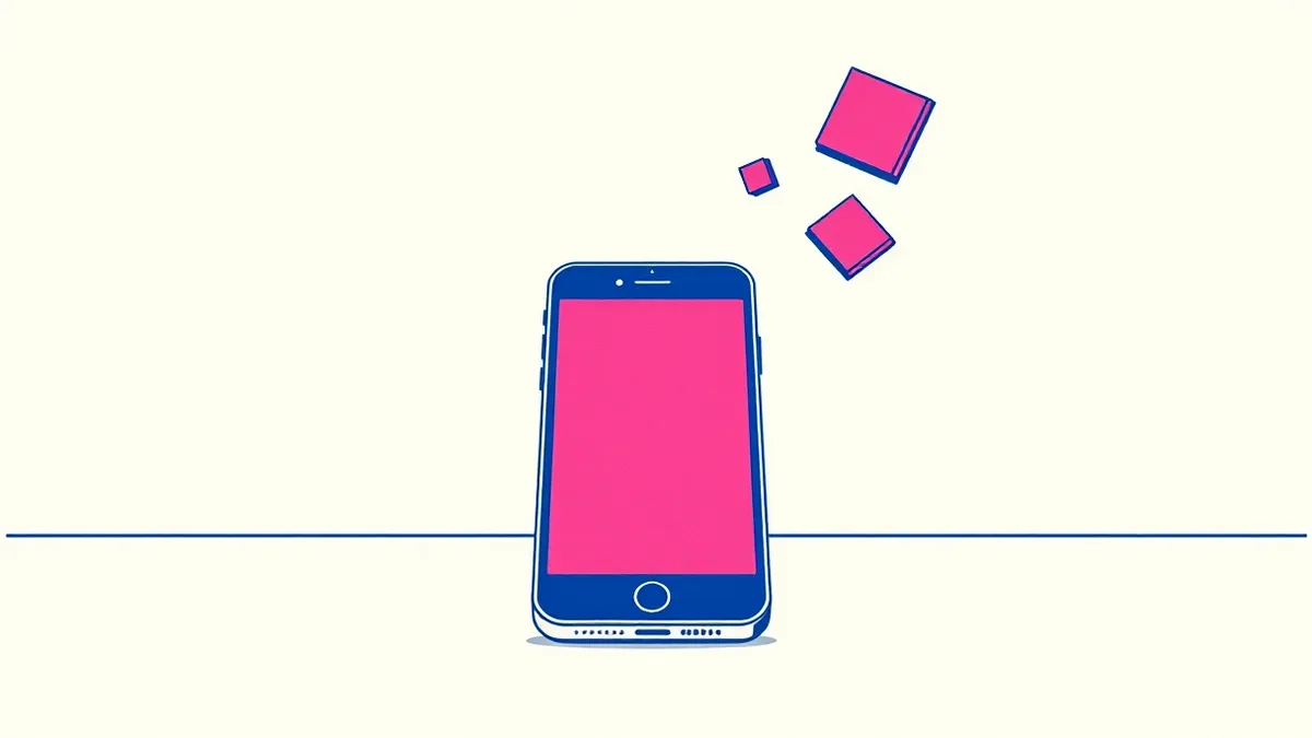 Illustration: A generic smartphone displays a blank screen with three abstract geometric icons floating outward from the device.