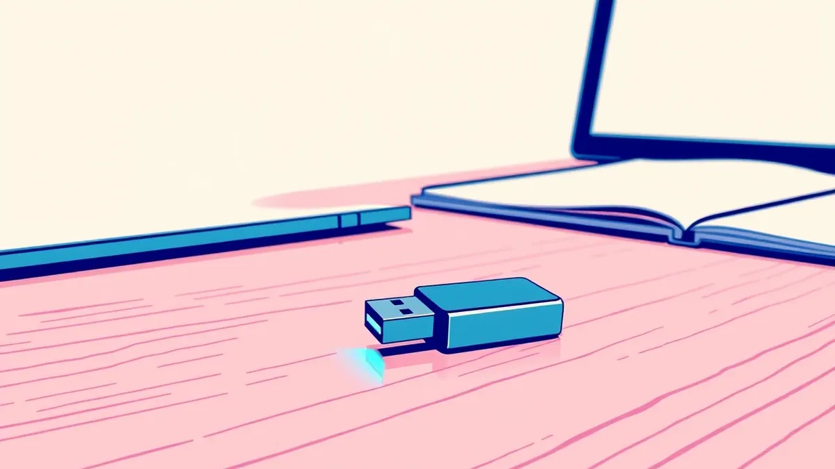 Illustration: A small USB security key rests on a plain wooden desk next to a closed laptop.