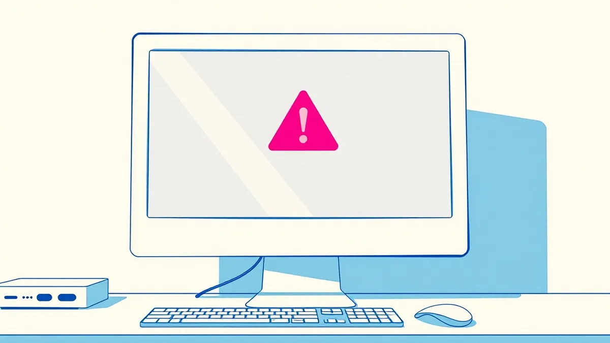 Illustration: A white computer monitor displays a blank browser window with a single red warning triangle icon floating in the center.