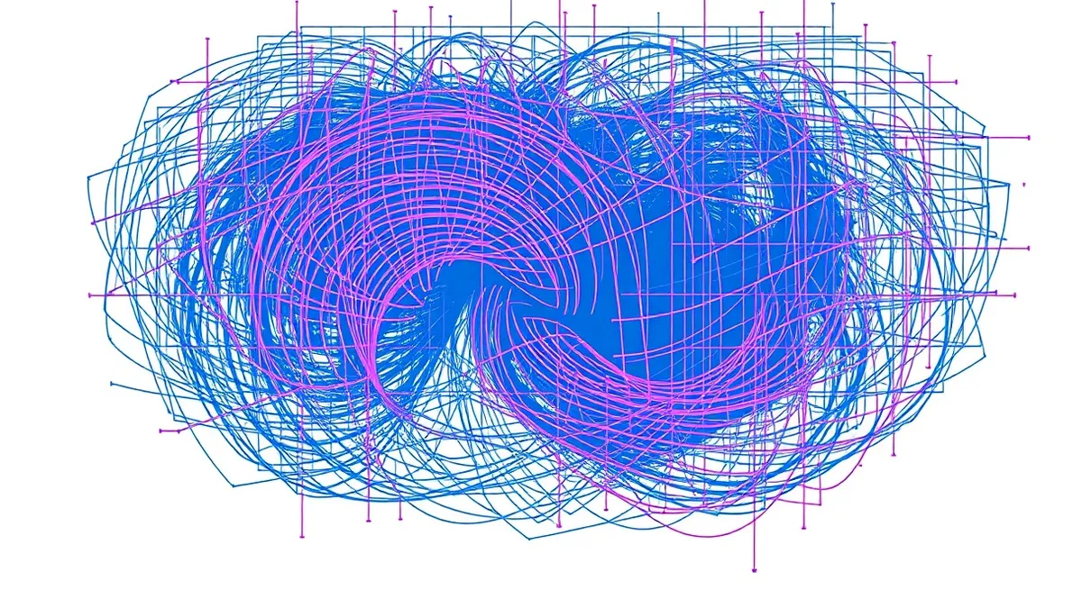 Illustration: A chaotic tangle of rigid grid lines twists into a dense, knotted mass on a blank white surface.
