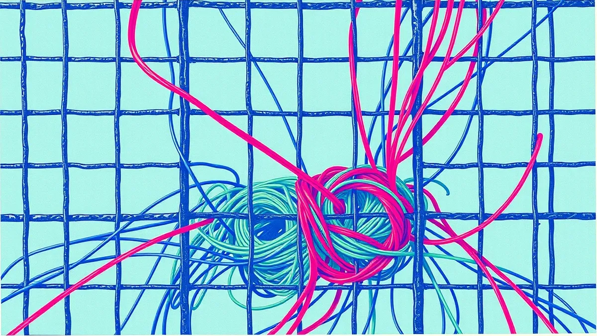 Illustration: A single red thread weaves through a tangled knot of blue and green threads, slipping through gaps in a rigid metal grid.