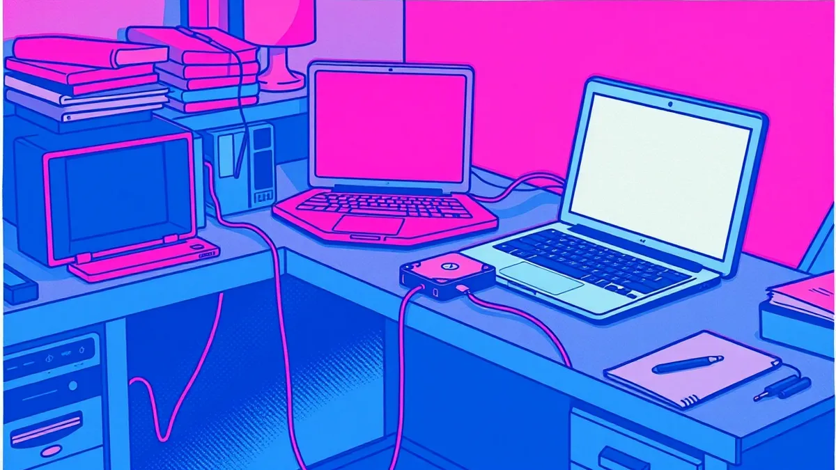 Illustration: A small, cluttered office desk holds a single laptop connected to an external hard drive by a thick cable.