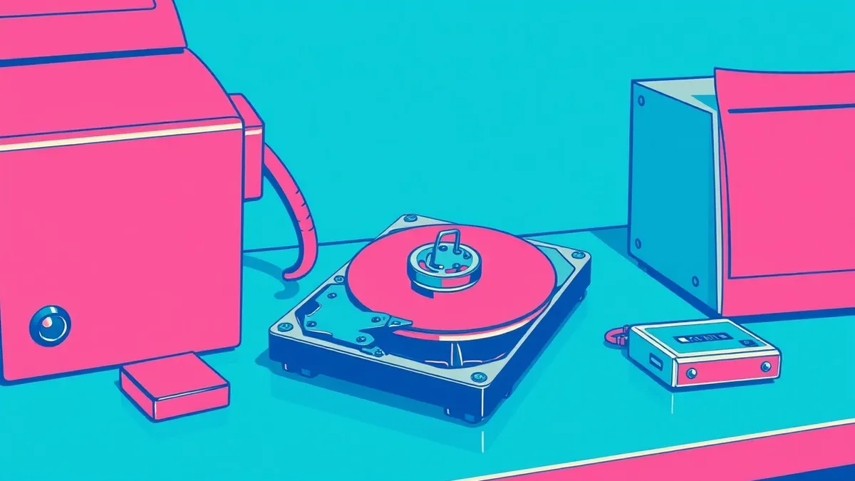 Illustration: A hard drive sits on a metal workbench beside a heavy industrial shredder and a small electronic eraser device.