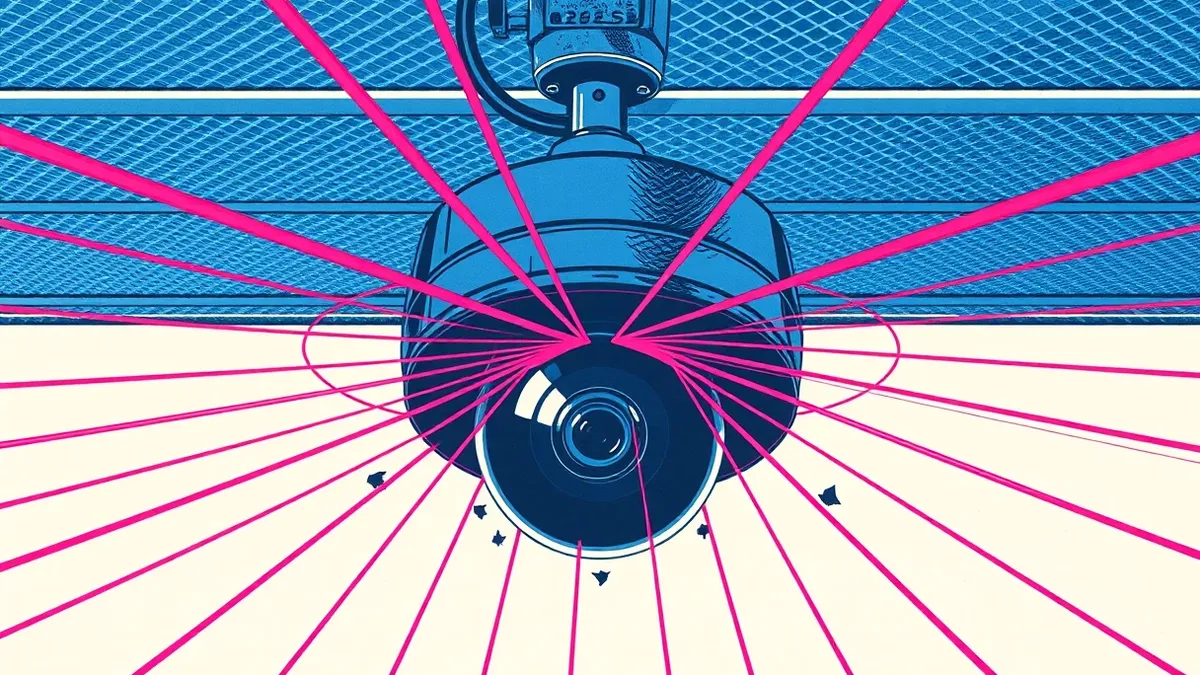 Illustration: A sleek black surveillance camera hangs from a metal ceiling grid, its lens pointed downward.