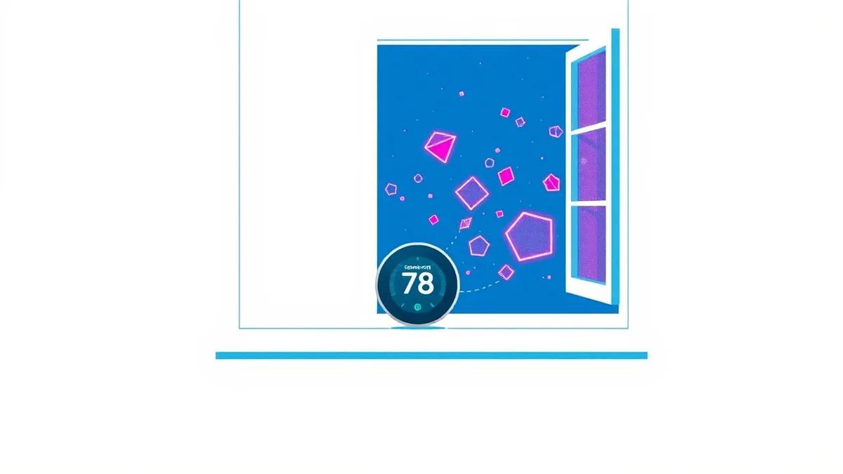 Illustration: A sleek smart thermostat sits on a plain white wall, emitting faint, translucent waves of abstract geometric shapes that drift out through an open window.