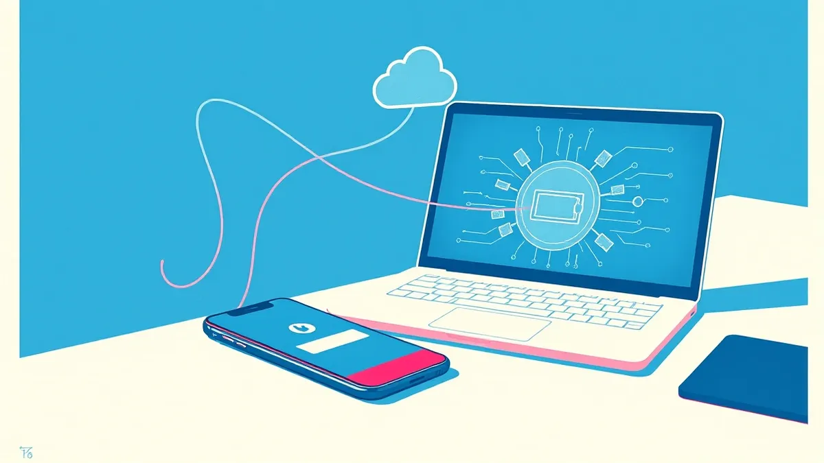 Illustration: A sleek smartphone rests beside a compact laptop on a clean desk, connected by floating translucent ribbons to a glowing cloud icon above.
