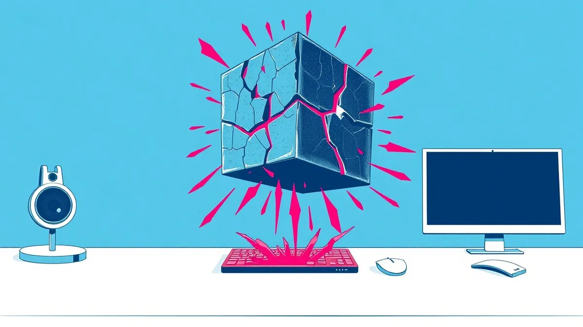 Illustration: A cracked, dark gray cube floats above a clean white desk, emitting jagged red sparks that disrupt the smooth surface below.