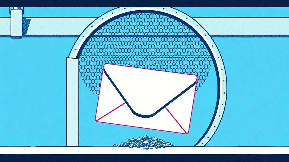 Illustration: A pristine white envelope slips silently past a rigid metal sieve, bypassing large jagged blocks.