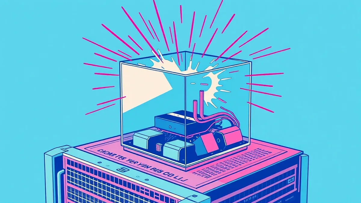 Illustration: A translucent glass box sits on a metal server blade.