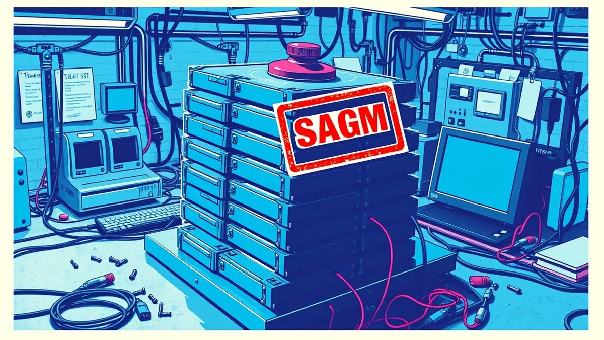 Illustration: A massive stack of blank hard drives sits on a sterile metal workbench, surrounded by tangled cables and scattered screws.